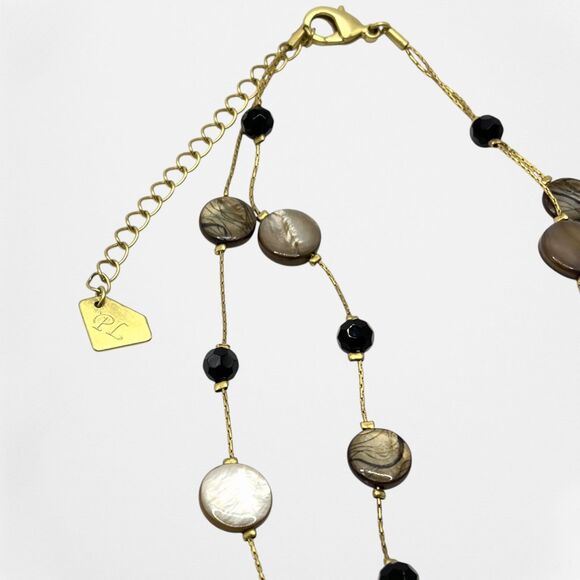 Park Lane Station Necklace Layered Shell Disc Glass Bead Tiered Gold Tone Beige - Picture 2 of 8